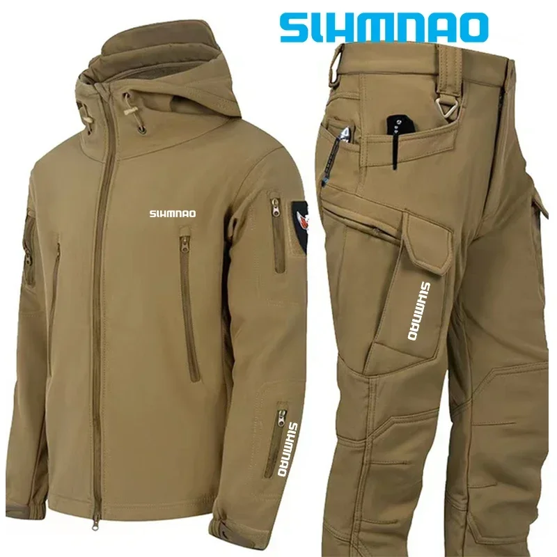 Windproof and Waterproof Fishing Shirt, Men's Soft Shell, Winter Tactical Military Jacket, Hooded Pants, Hiking Hunting Assault