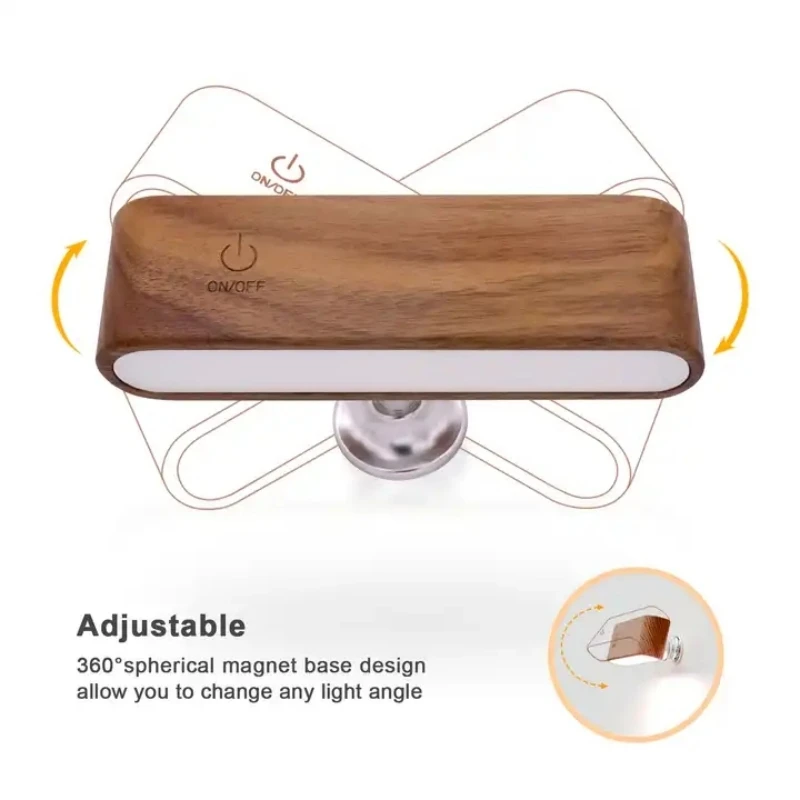 LED Rechargeable 360 Rotatable Portable Bedroom Wall Bedside Reading Night Light，Classical Modern Wooden Reading Light
