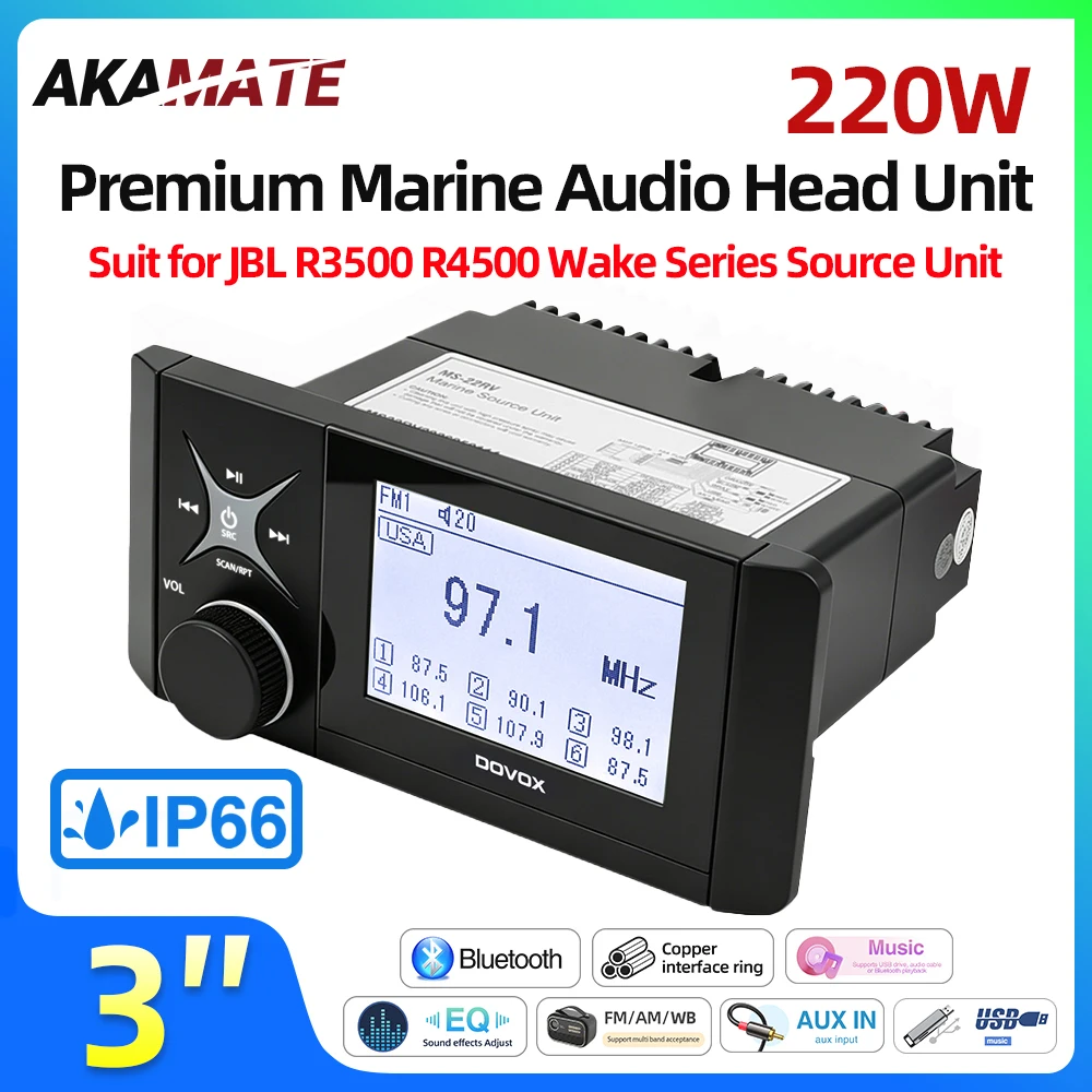 3inch Marine Radio AM/FM/WB For Yacht Digital Media Stereo Receiver 4x55W for JBL R3500 R4500 Wake Series Source Unit AUX/USB/BT