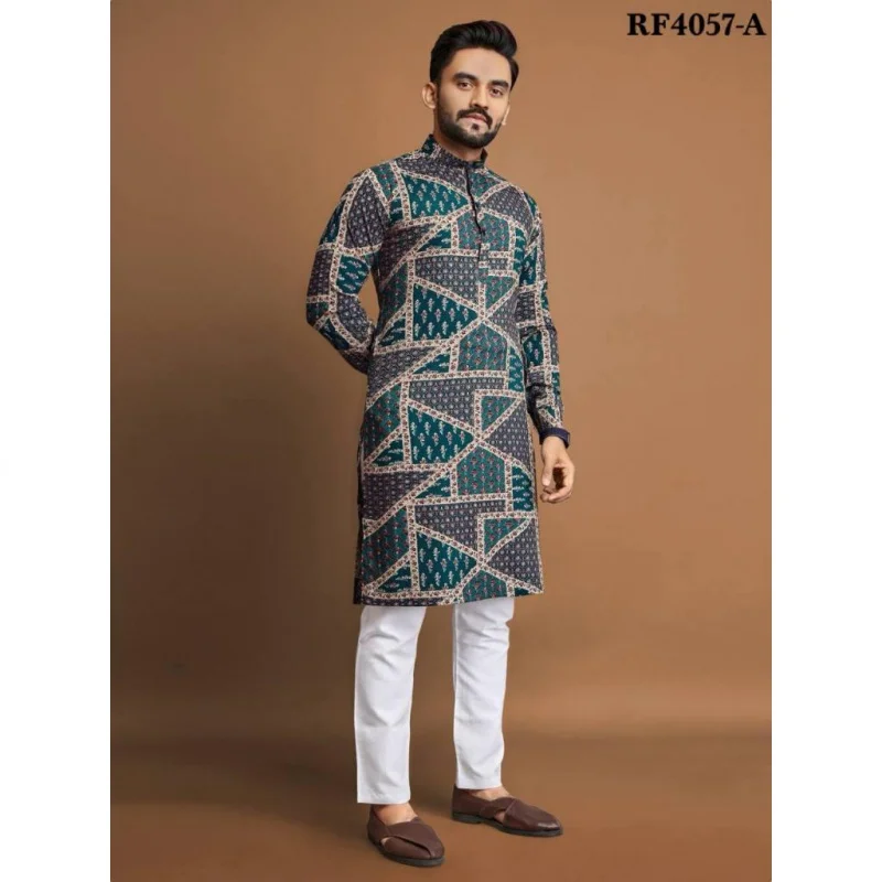 Uomo Stampa digitale Kurta Vardha Regular Fit Colletto alla coreana Lungo Adatto a tutte le occasioni Such Wedding Hari Raya Aidilfitri