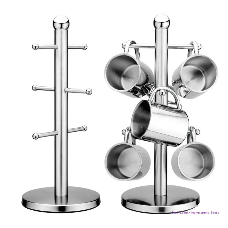 C63E Stainless Steel 6 Cup Mug Tree Stand Rack Kitchen Home Coffee Milk Teacup Holder