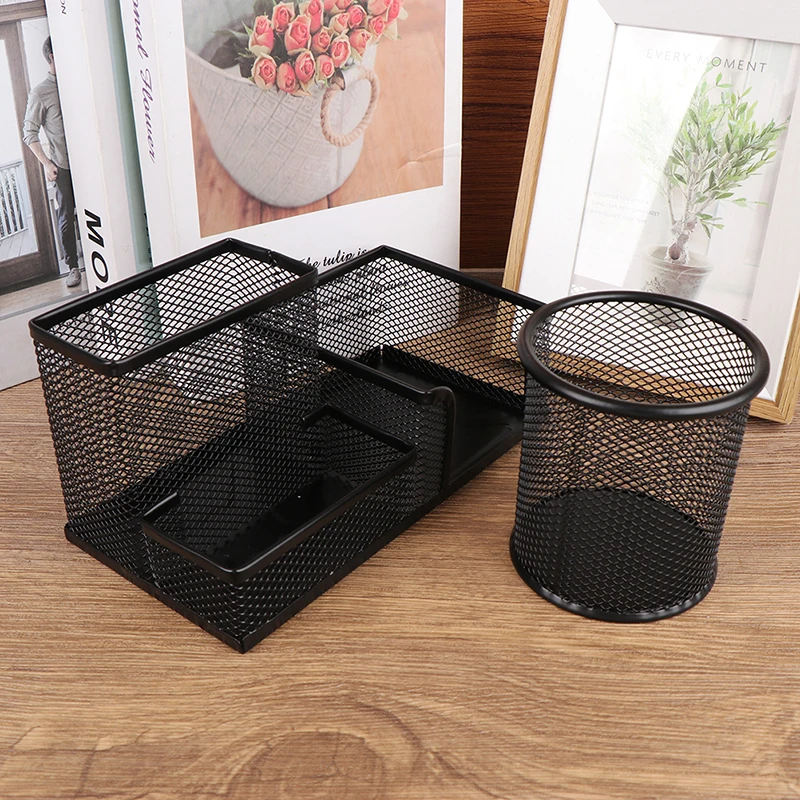 Hollow Out Round Pencil Storage Rack, 3 Grid Metal Pen Holder, Organizador de papelaria, Preto, Escritório da escola, Criativo