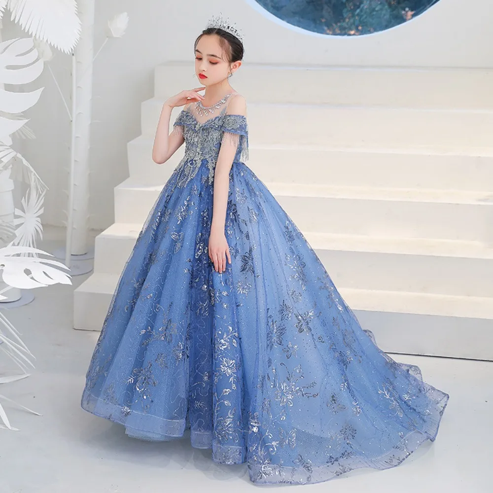 Children\'s Dress Princess Dress Fluffy Gauze Flower Girl Heavy Industry Trailing Catwalk Small Host Piano Performance