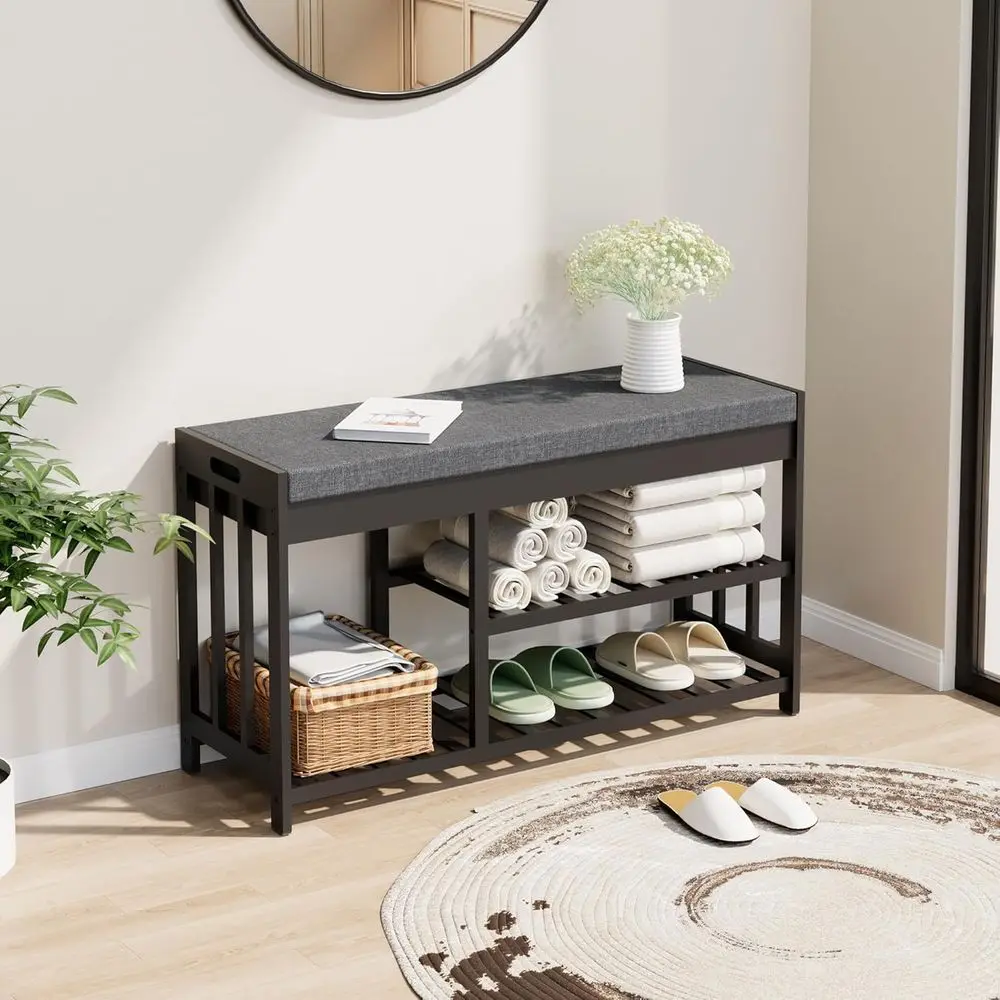 Shoe Rack Bench with Cushion, 2 Tiers Shoe Bench with Lip-Top Storage, Wood Shoe Rack for Entryway, Hallway, Bedroom, Front Door