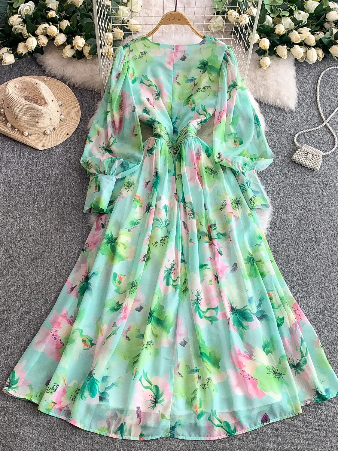 Ele v-ne longue Sve mousseline de soie Dr femmes été plissé taille cintré minceur vacances Maxi jupe coréenne Sle imprimé