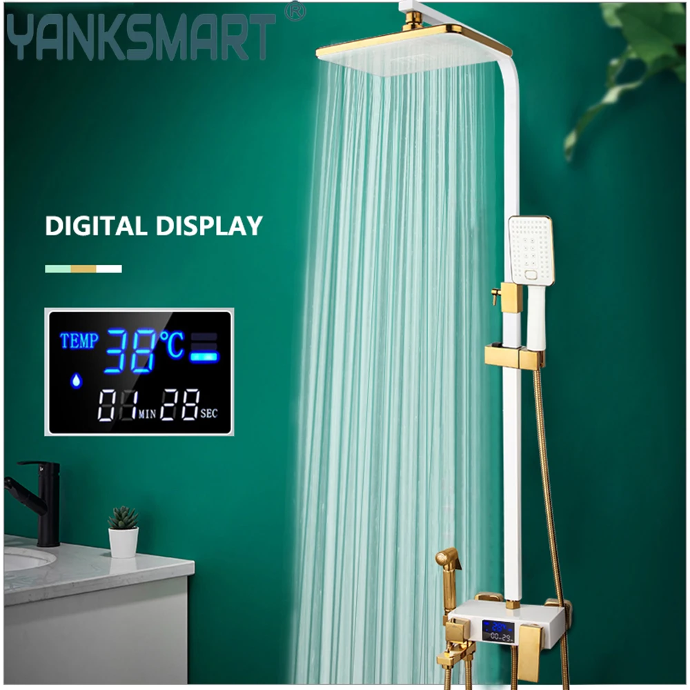 

YANKSMART Hot And Cold LED Digital Shower Faucet Bathroom Shower System White Gold Shower Faucet Bath Shower Head Tap Combo Kit