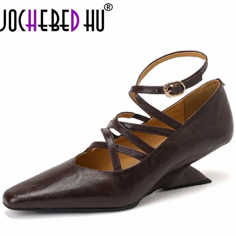 

【JOCHEBED HU】New Brand Genuine Leather Women Shoes Square Toe Shallow Pumps Mary Jane Shoes for Straps Gladiator Shoes 34-40