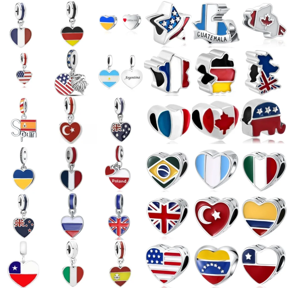 925 Silver Britain Spain Brazilian Dominie National Flag Pendant Building Beads Fit Original Bracelet Jewelry Accessories Charm