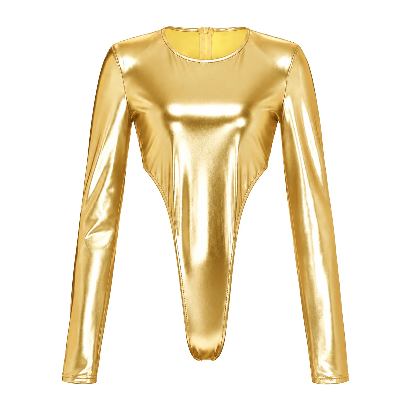 Womens Metallic Bodysuit Long Sleeves Back Invisible Zipper High Waist Leotard for Music Festival Rave Party Club Stage Show