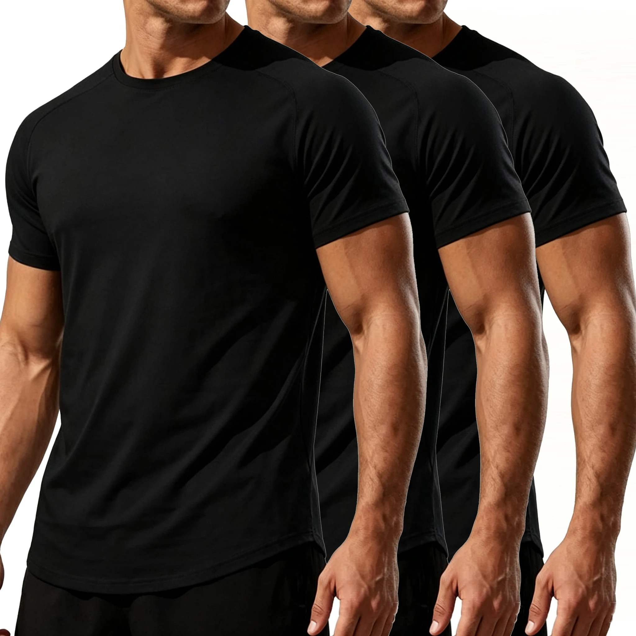 3 Pack Men Cotton Short Sleeve T-shirts Slim Fit Thin Stretch Breathable Athletic Tops for Gym Workout Fitness Daily Plus Size