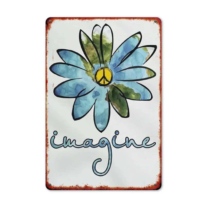 Plaque en métal vintage d'inspiration hippie avec motif de fleurs bleues rétro et texte « Imagine », décoration murale rustique en fer pour la maison, la chambre