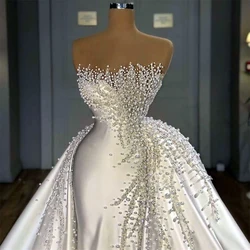 Elegant Heavy Pearls Wedding Dresses with Satin Overskirt Strapless Beaded Bridal Gowns Custom Made Luxury robes de mariée