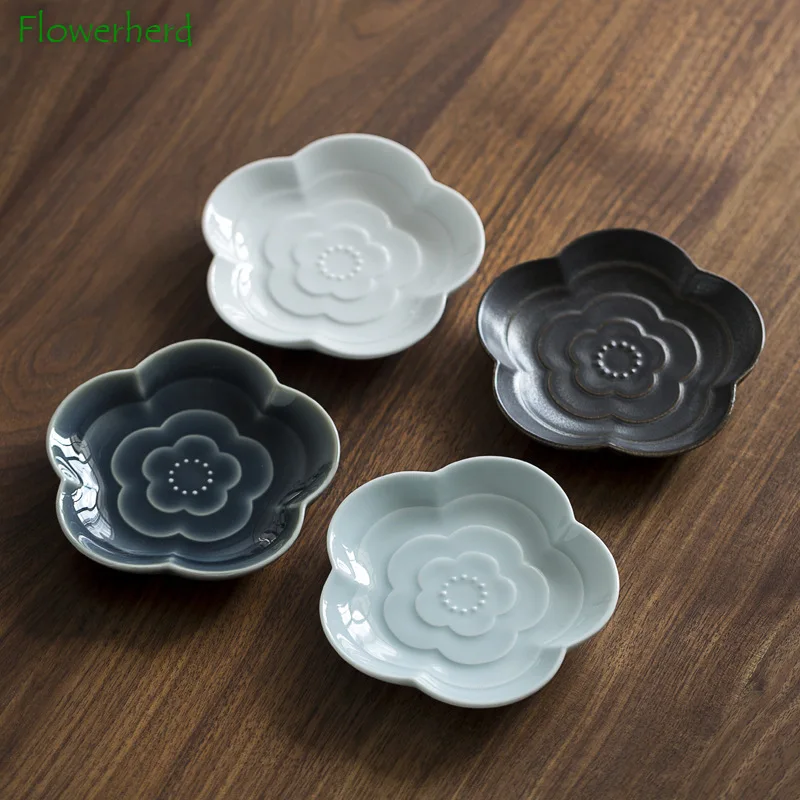 Relief Ceramic Tea Tray Refreshment Plate Fruit Nut Snack Plate Chinese Zen Refreshment Plate Tea Ceremony Snack Tray