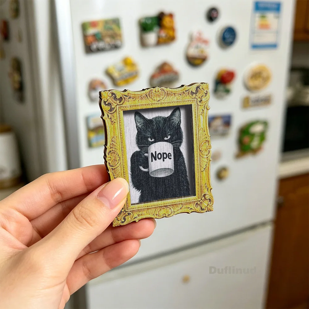 Vintage Golden Ornate Frame Black Cat Nope Coffee Cup Wooden Fridge Magnet, Funny Retro Gothic Refrigerator Magnet Kitchen Home