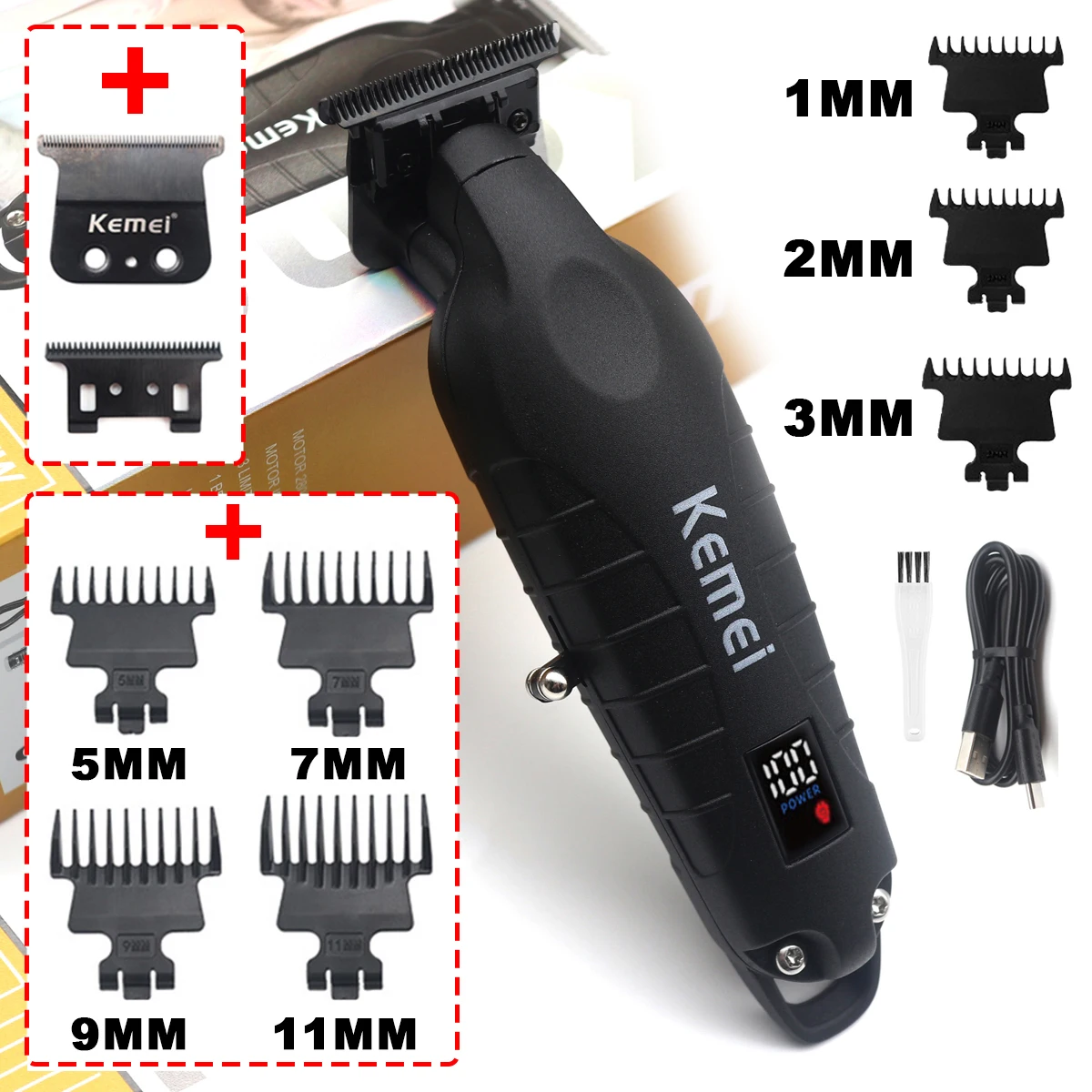 Kemei KM-2293 w całości z metalu profesjonalny trymer dla mężczyzn maszyna do wykańczania z zerowym otworem DLC T-Blade maszynka do włosów LED strzyżenie