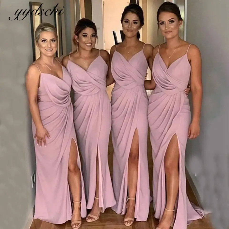 

Pink Chiffon V-Neck Bridesmaid Dresses Elegant Dress Women For Wedding Party Gown 2022 High Split Prom Vestido De Noiva