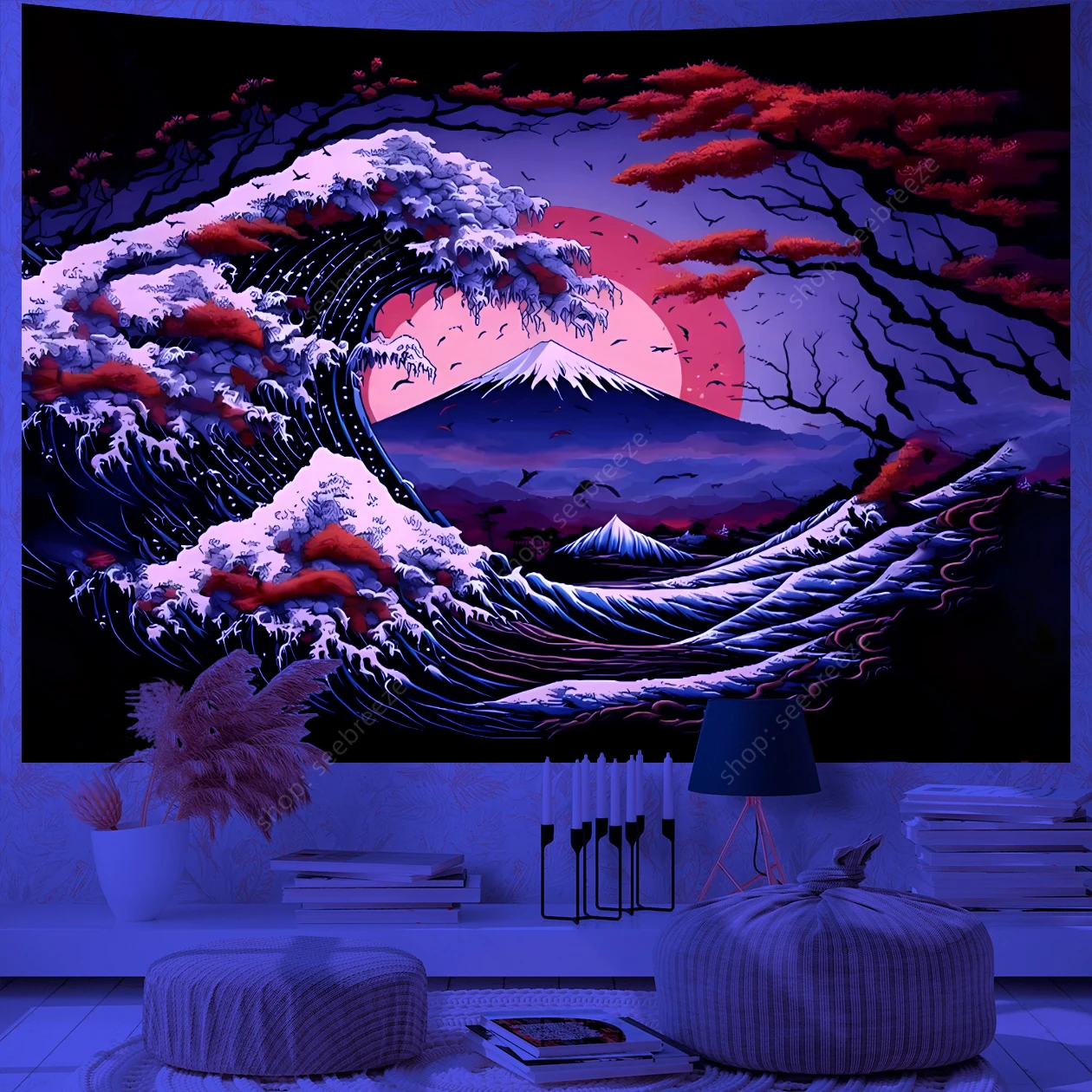 

Japanese Great Waves UV Reactive Tapestry Mount Fuji Wall Tapestries for Room Decor Aesthetic Curtain Blanket Home Wall Decor