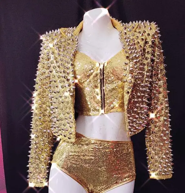 Nightclub Dance Performance Gold Spikes Cover Coat Spring Women Jacket Singer Punk Blazer Stage Shiny