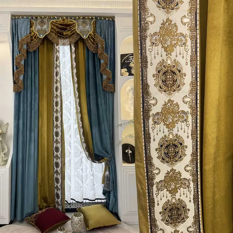 luxury European thick Velvet retro livingroom lace embroidered blue yellow cloth blackout curtain tulle valance drape M1782