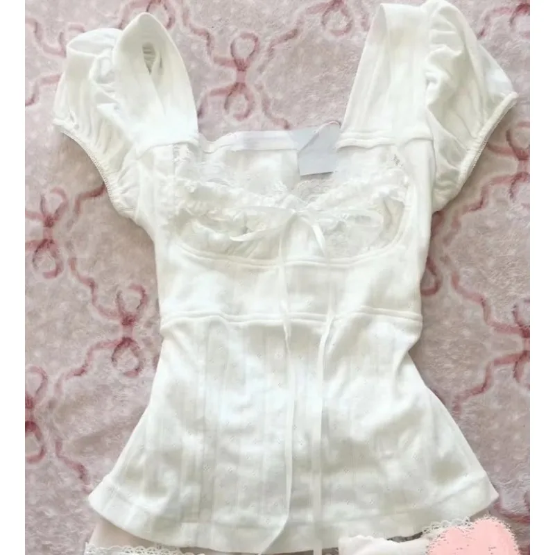 Women Summer Vintage White Lace Short Sleeve Top Sweet Square Neck Lace Up Slim Fit Chic T-shirt New Arrival B