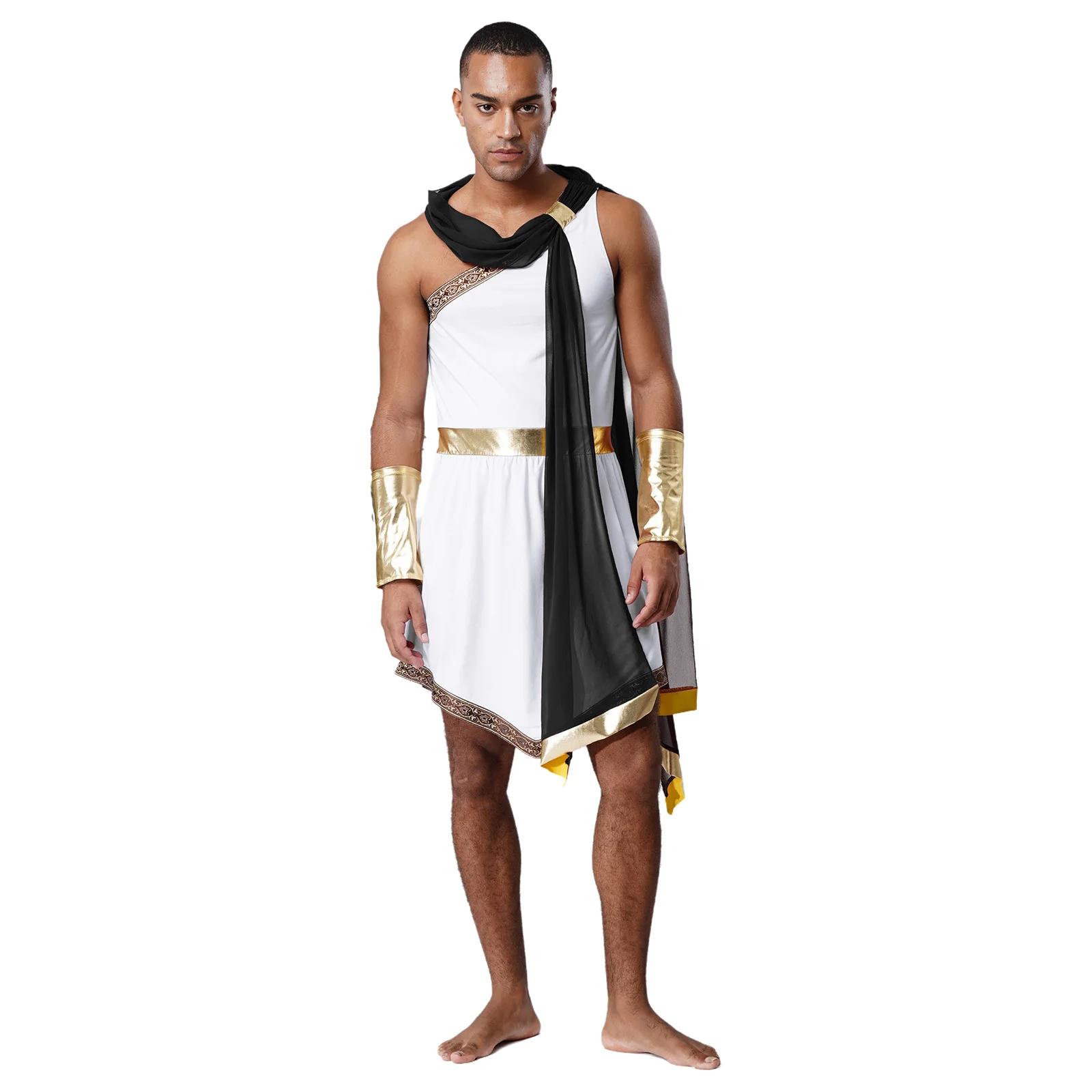 

Men Warrior Soldier Cosplay Halloween Fancy Dress Toga Costume One Shoulder Sleeveless Ruffles Sash Robe with Metallic Cuffs