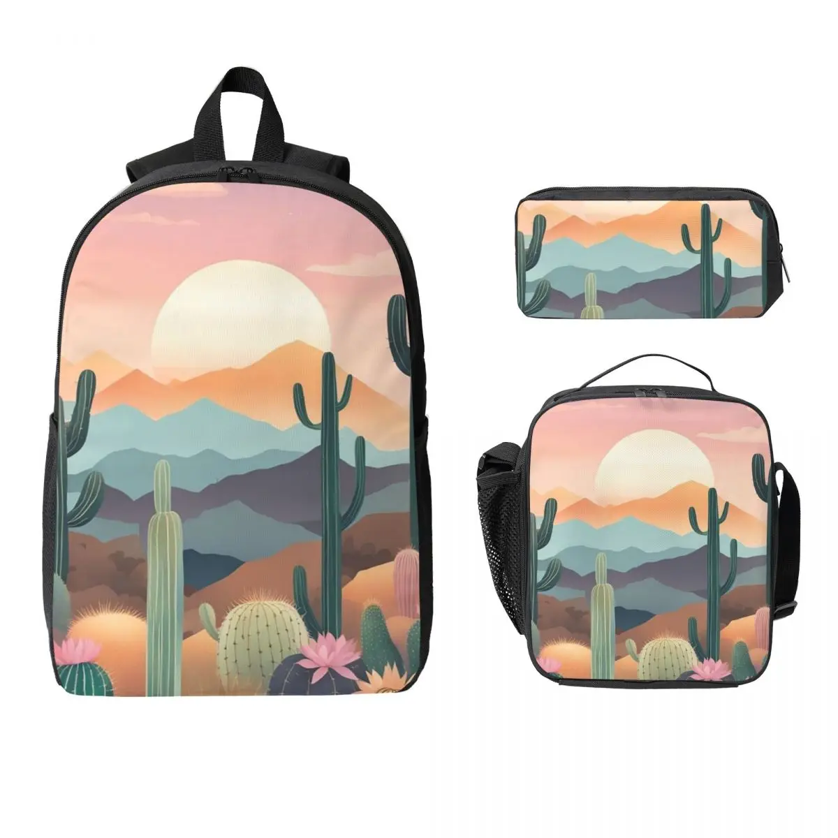Cactus And Flower Desert Scenery Backpack Student BookBag School Bag Computer Shoulder Bags 3ps Insulated Lunch Bag Pencil Case