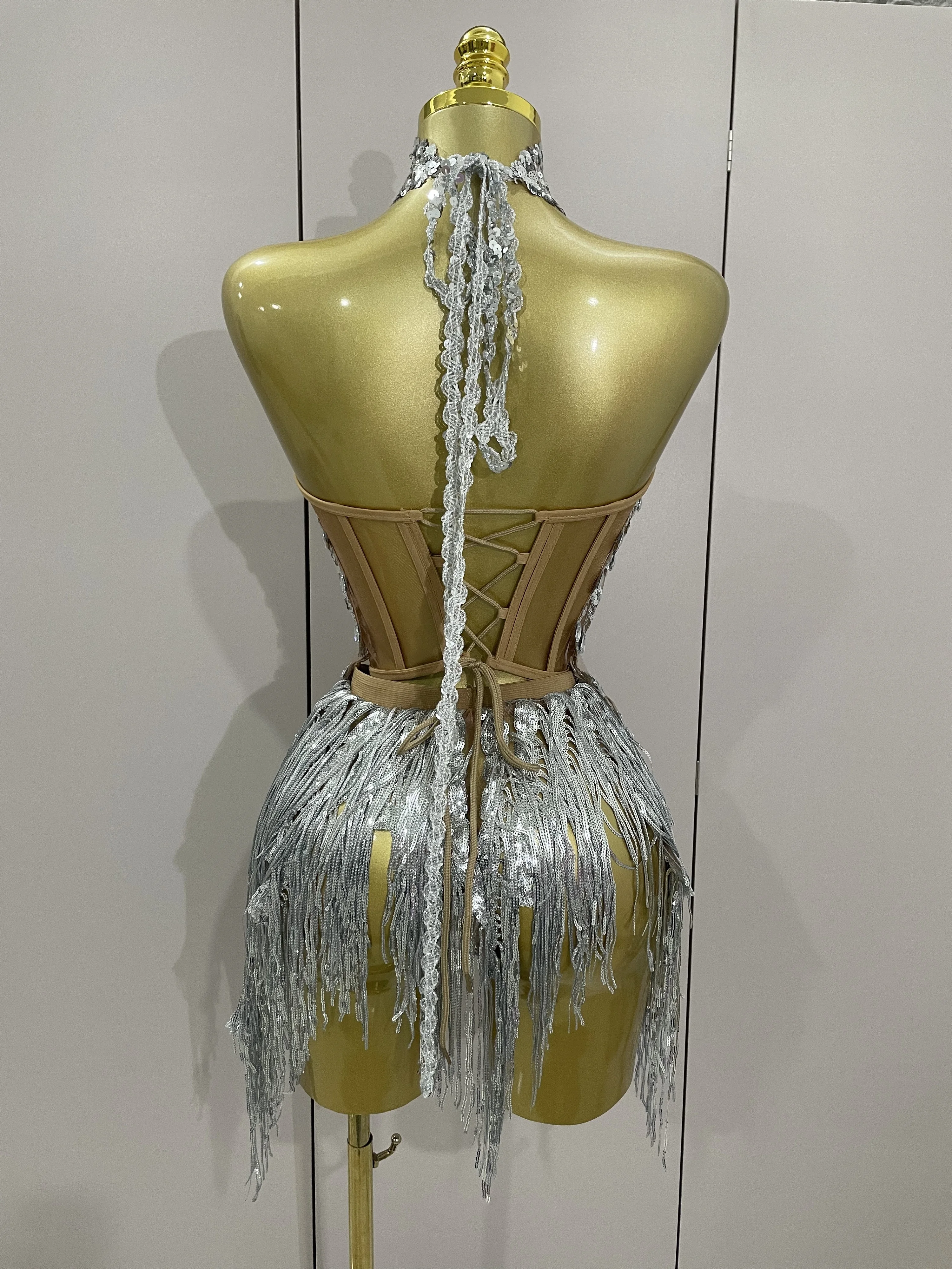 2025 Sexy Shining diamond Sequins Tassels 2 Pieces Set Mini Dress Women Evening Birthday Party Dress Nightclub DJ Stage Costume