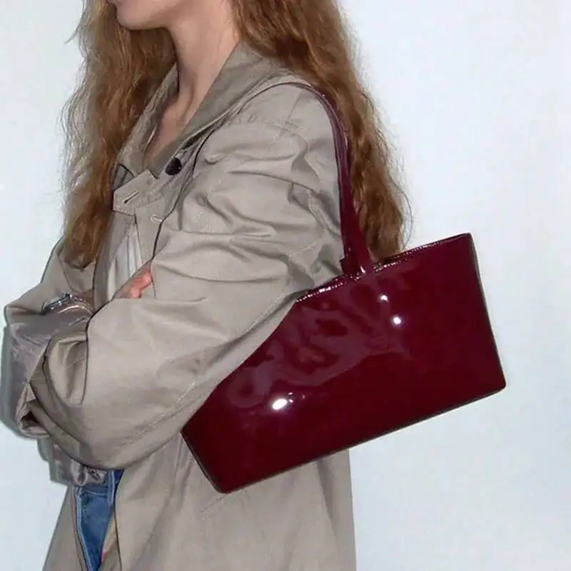 Elegant Women's Handbag Burgundy Patent Leather Single Shoulder Underarm Bag Long Mother-daughter Large Capacity Commuter Bag