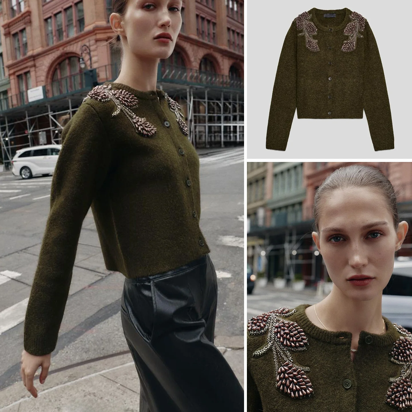 Spring New Arrival Women's Lazy Style Knitted Jacket Single Row Multi-Buckled Long Sleeve round Neck Beaded Design 3920090