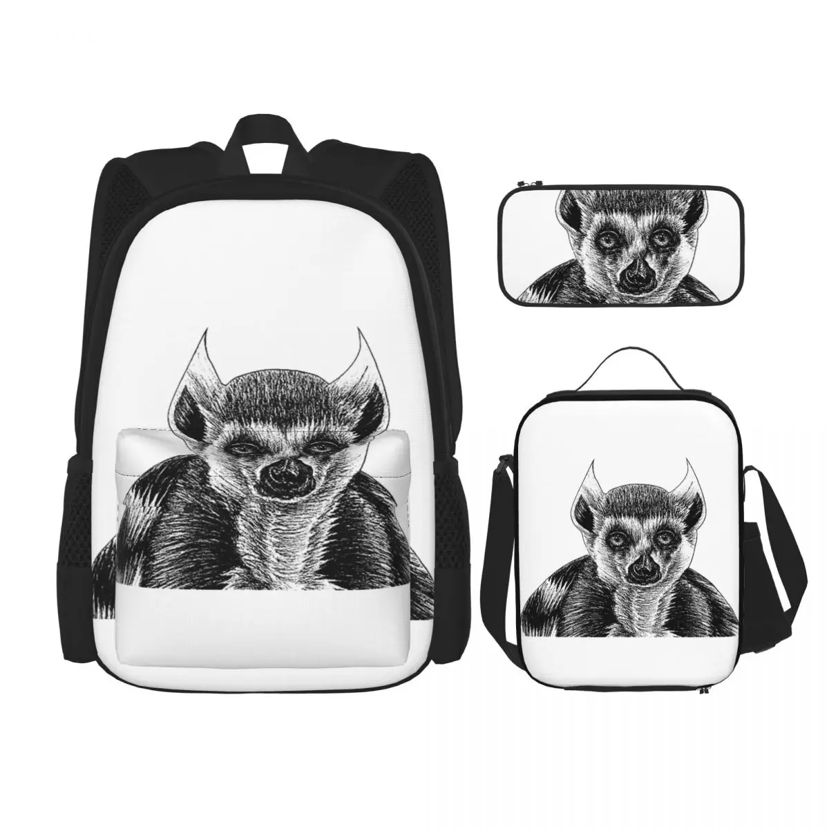 

Ring Tailed Lemur Ink Illustration Backpacks Boys Girls Bookbag Students School Bags Rucksack Lunch Bag Pen Bag Three-Piece Set