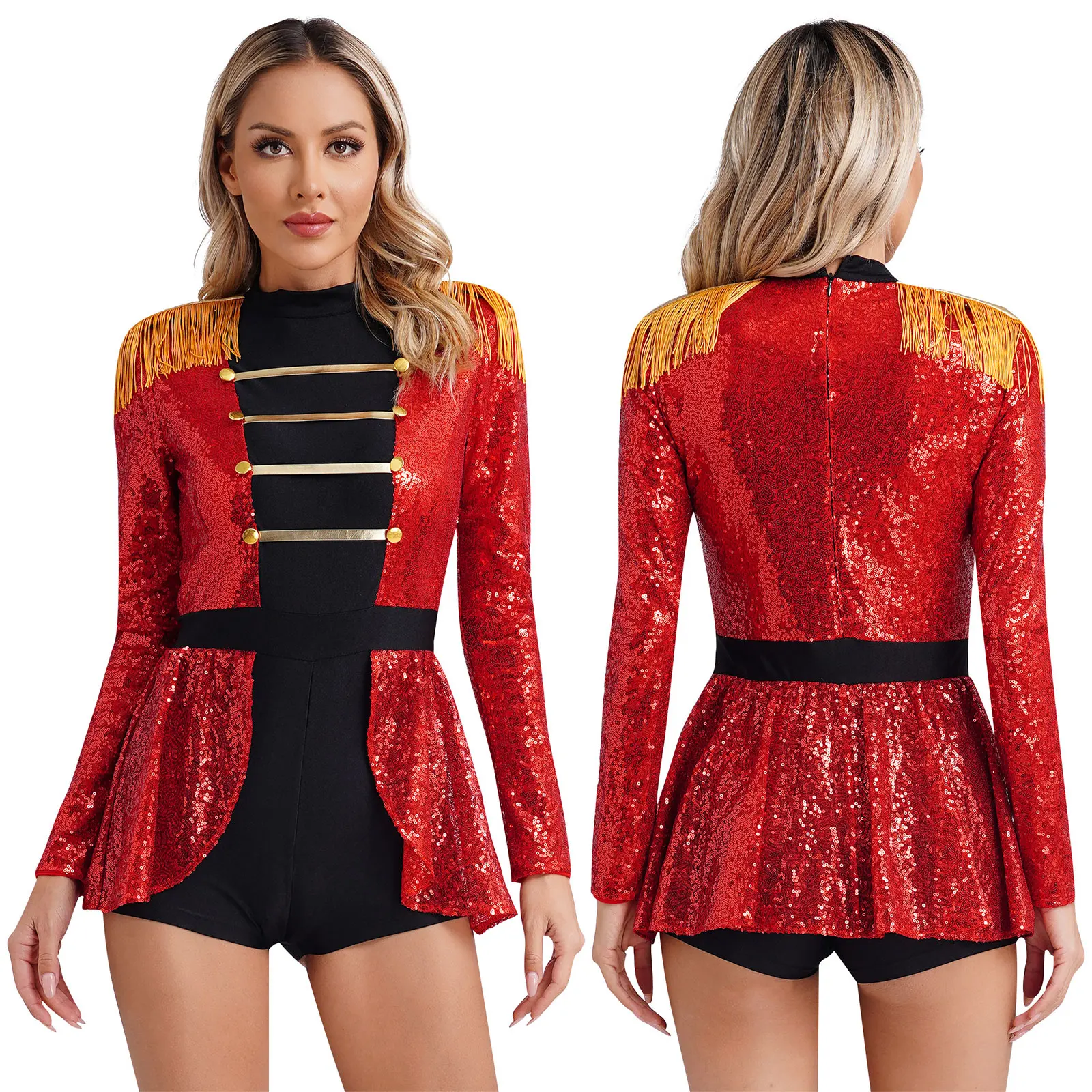 Womens Circus Circusdirecteur Lion Tamer Cosplay Kostuum Outfits Begrenste Boyshorts Romper Sparkly Sequin Showman Majorette Turnpakje