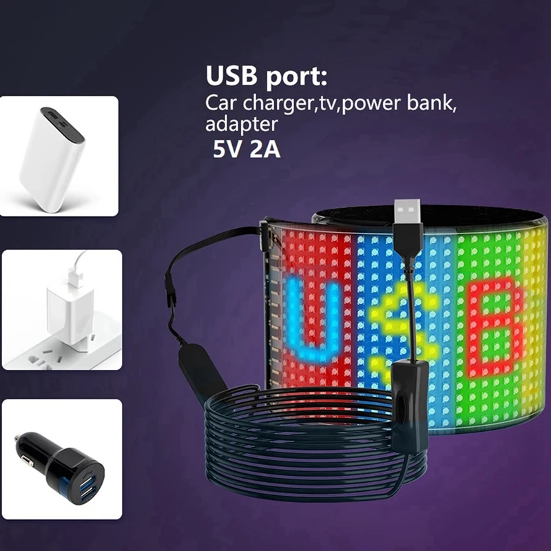 لوحة بكسل مرنة مع تطبيق بلوتوث ، وحدة RGB LED ، عرض الرسوم المتحركة ، نص التمرير ، USB ، 5V ، 2x16x32 LEDs ، 7x17cm