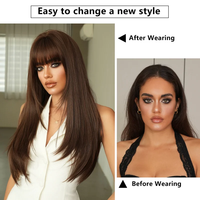 High-quality long straight layered women with bangs, suitable for daily use, fluffy synthetic heat-resistant fiber wig