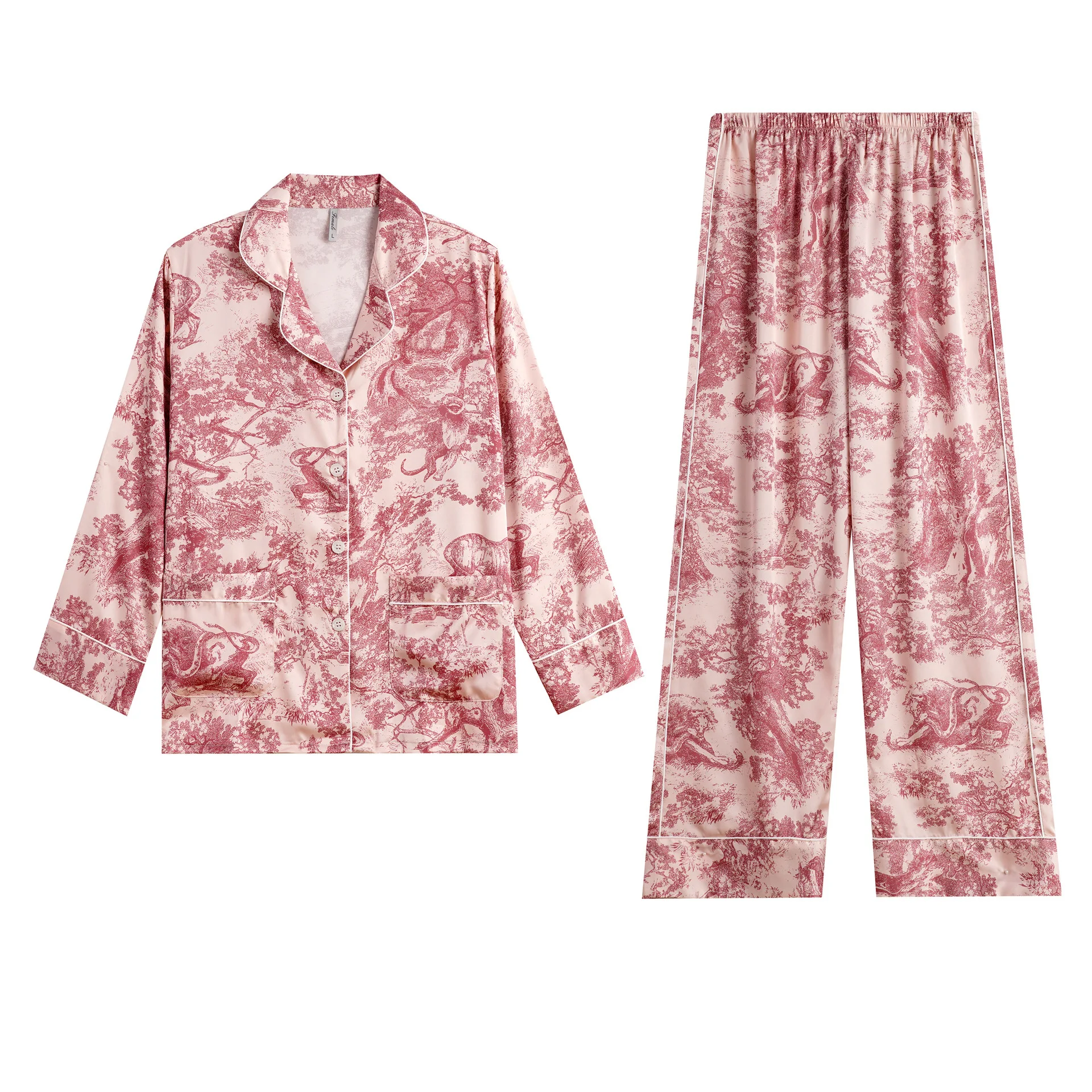 

Print Design Ice Silk Pajamas Women's Spring Summer Long Sleeves Pants Home Suit Flowers Sleepwear Female