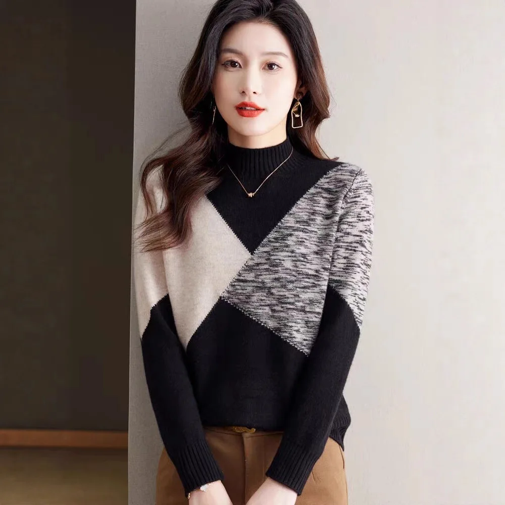 

Женские свитера, новые осенне-зимние свитера с полуводолазкой, пуловер с цветными блоками, вязаная нижняя рубашка, женские повседневные топы