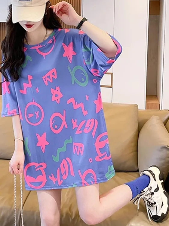 Loose Long T-Shirt Women's Summer Korean Version Design Interest Printing Short Sleeve Cover Hip Upper Apparel Blue
