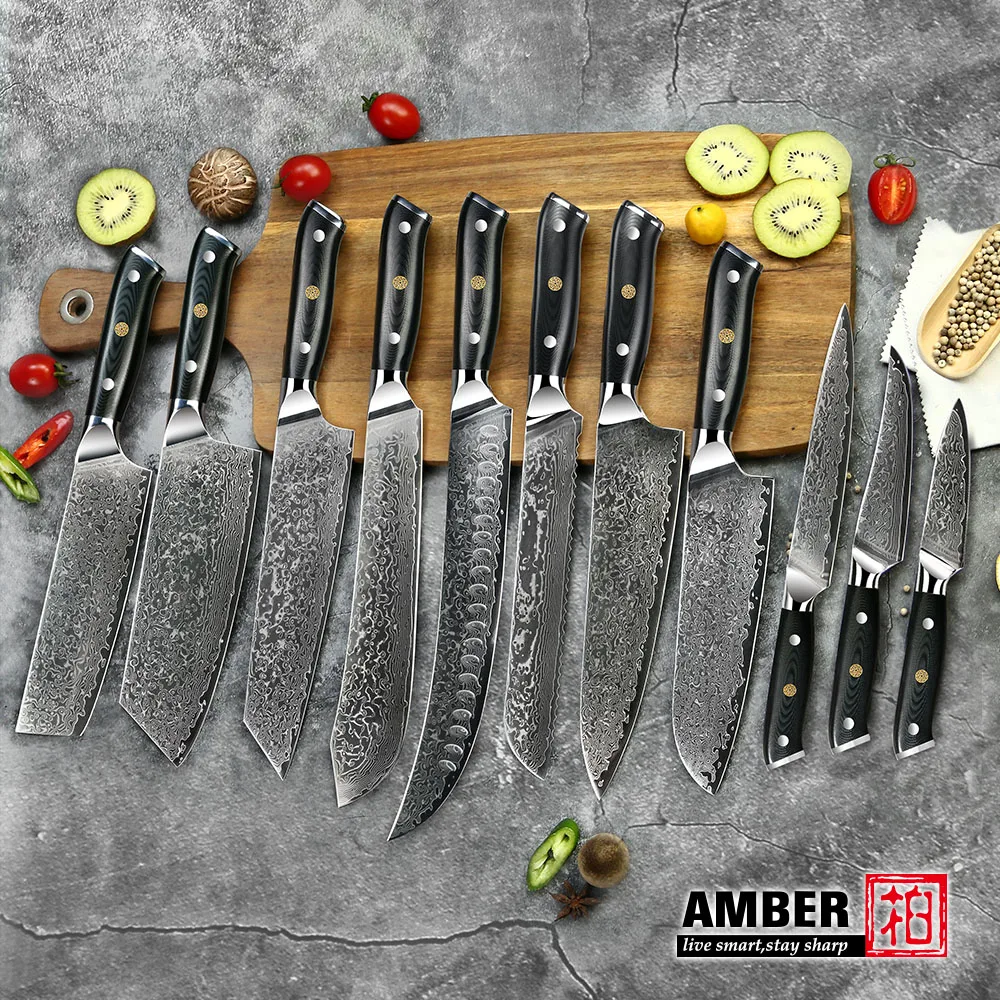 AMBER Japanese Kitchen Knife 67 Layer VG10 Damascus Steel Chef Knife Black G10 Handle Cleaver Steak Sushi Santoku Knives Cooking