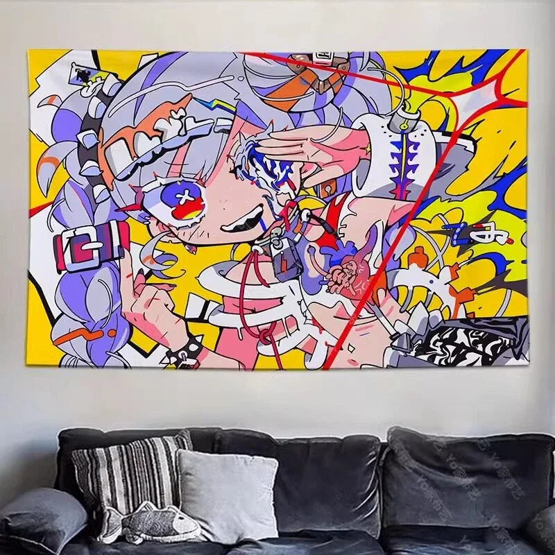VIKAMA Cyberpunk Anime Girl Yellow Tapestry Wall Hanging, 6 Designs, Wall Decor for Bedroom Living Room Dorm