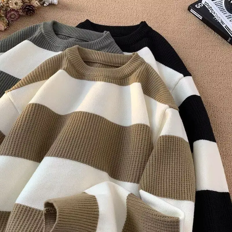 

Men's round Ne Knitted Sweater Winter Casual Striped Leisure Sle Long Sve Top Polyester Fiber Soft Comfortable Fit