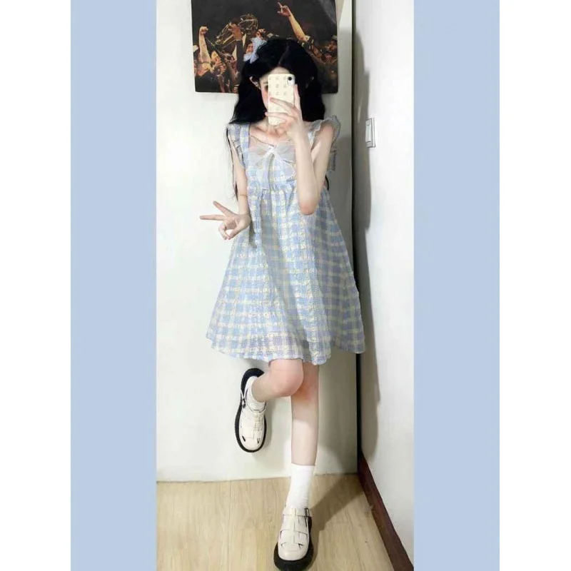 Chic Sweet Spicy Fairy Skirt Summer Japanese Small Fresh Sweet Small Milk Blue Bow Dress Woman