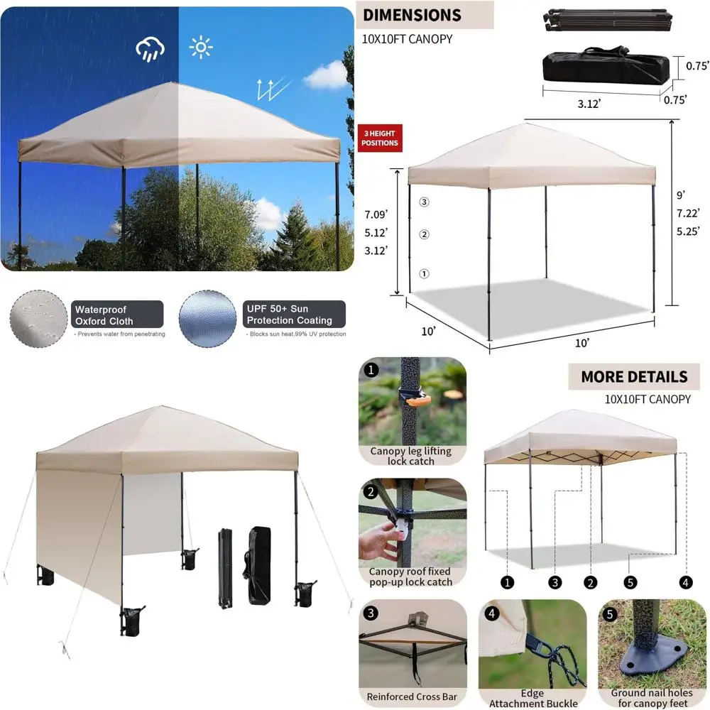 

10x10 Khaki Pop-Up Canopy with 2 Sidewalls, Ideal for Outdoor Camping, Beach Parties, and Backyard Gatherings
