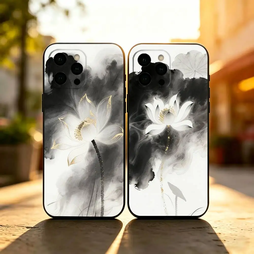 

Ink-Wash Floral Art Phone Case For iPhone 17,16,15,14,13,12,11 Plus,Pro Max,XS,Soft Silicone Black Cover