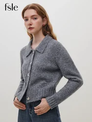 FSLE 6.5% Wool Women Polo Neck Short Warm Grey Sweater Cardigans Winter New Single Breasted Commuter Sweaters Gentle Beige Top