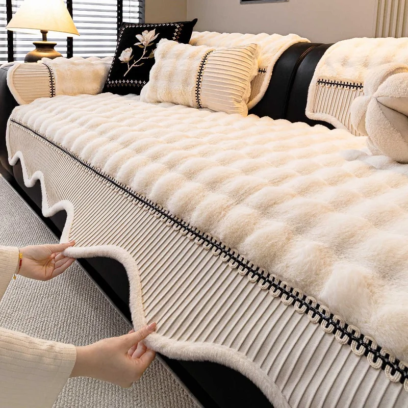 Irregular Rabbit Fur Sofa Cover Non-slip Dustproof Soft Combination Couch Cover Nordic Universal Sofa Rug For Home Decoration