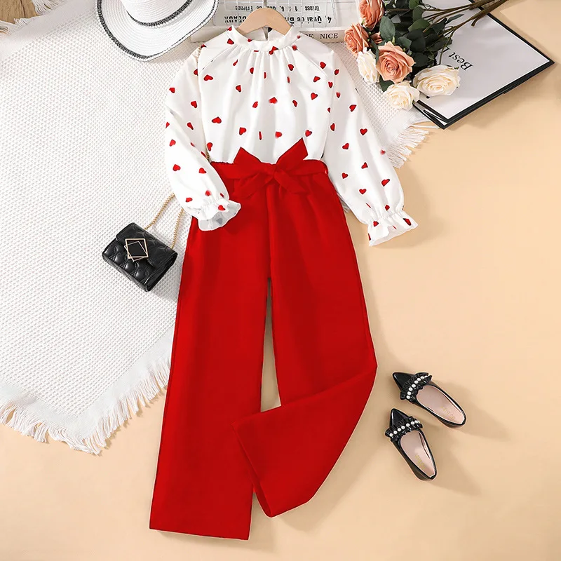 Autumn New Clothing Set Girls Outfit 8-12 Years Long Sleeve Ruffles Print Heart T-shirt Red Pants 2Pcs Sets Casual Girls Clothes