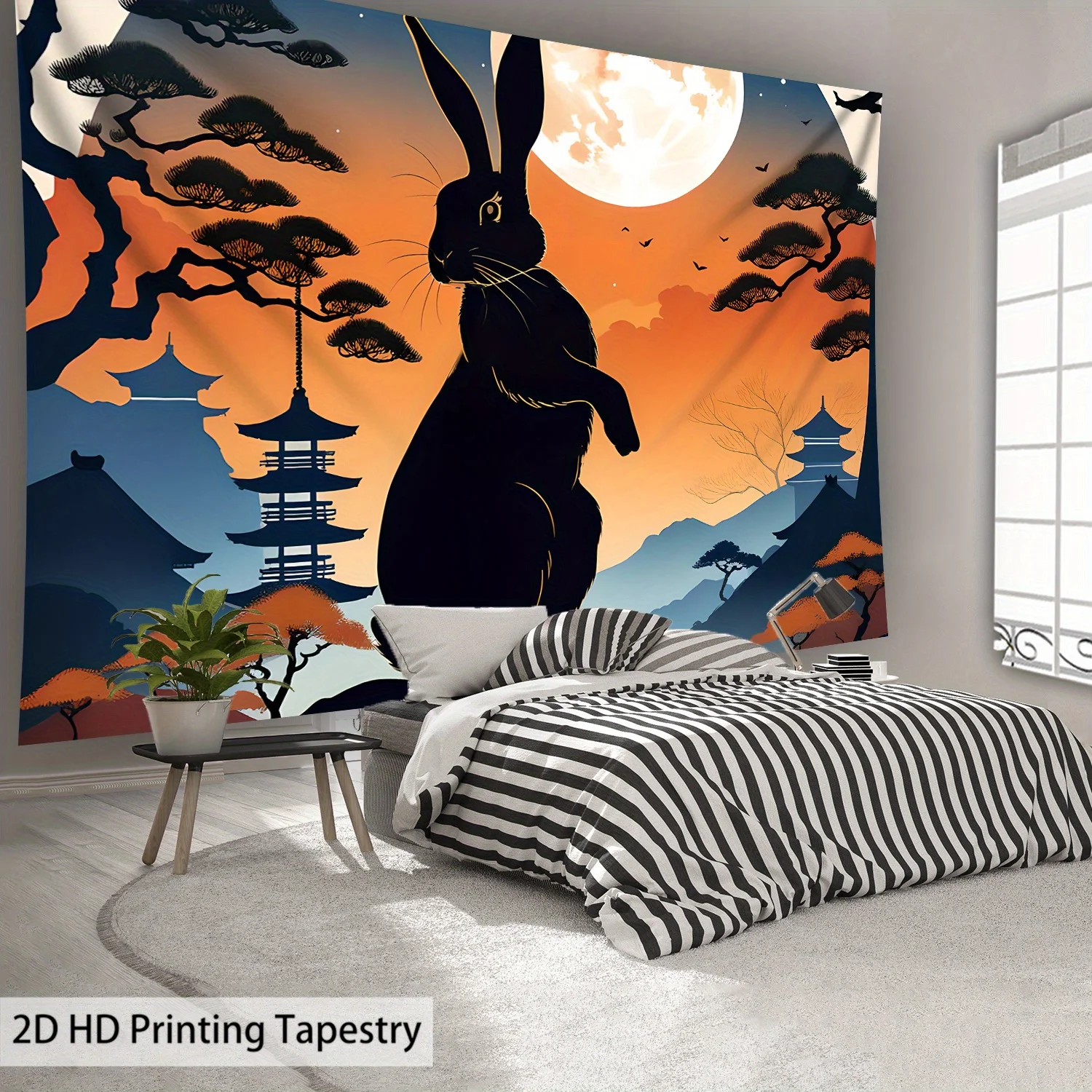 1pc Ultra Large Size Cartoon Rabbit Tree Shadow Moon High-Definition Aesthetics Print Tapestry Polyester Fabric Wall Decoration