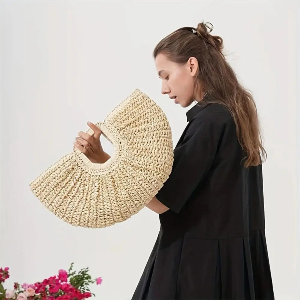

Casual Large Capacity Lafite Straw Bag Half Moon Handmade Grass Woven Bag Simple Fashion Weave Tote Bag Girls
