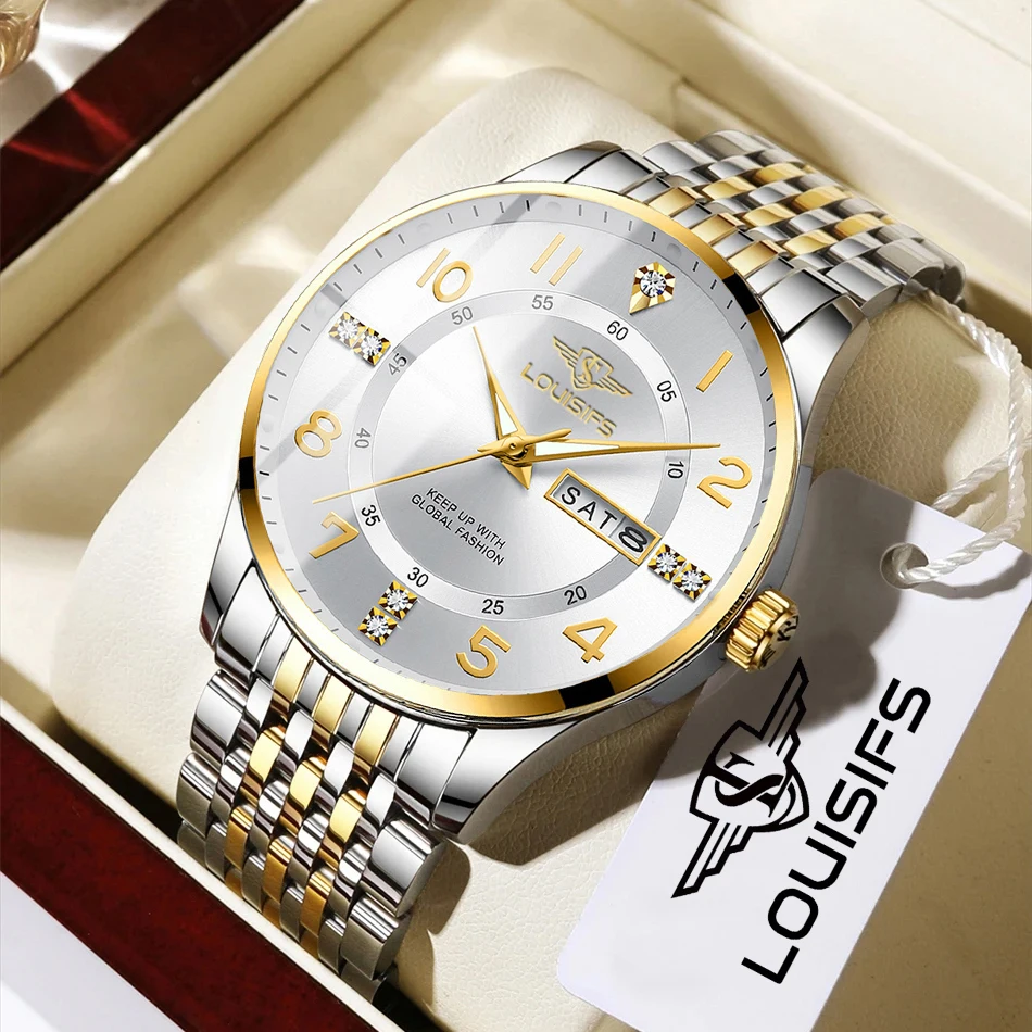 남성용 워터 다이아몬드 럭셔리 야광 더블 캘린더 쿼츠 무브먼트 40mm 블루 골드 스테인리스 스틸 패션 비즈니스 시계