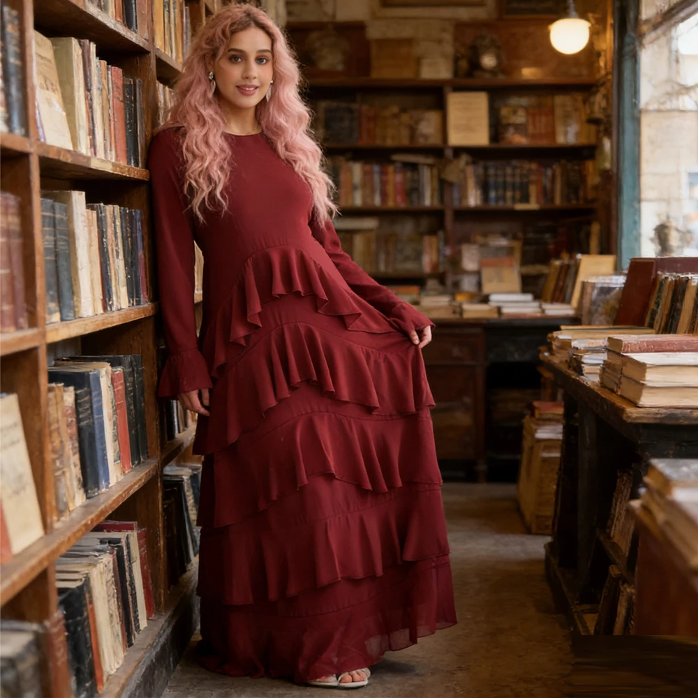 

Women Muslim Ruffle Long Dress Ramadan Dubai Abaya Turkey Kaftan Ramadan Eid Djellaba Kebaya Caftan Marocain Femme Robe Jalabiya