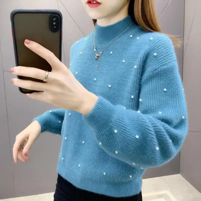 Autumn Winter Women\'s Solid Pullover Screw Thread Turtleneck Lantern Long Sleeve Flocking Sweater Knitted Undershirt Casual Tops